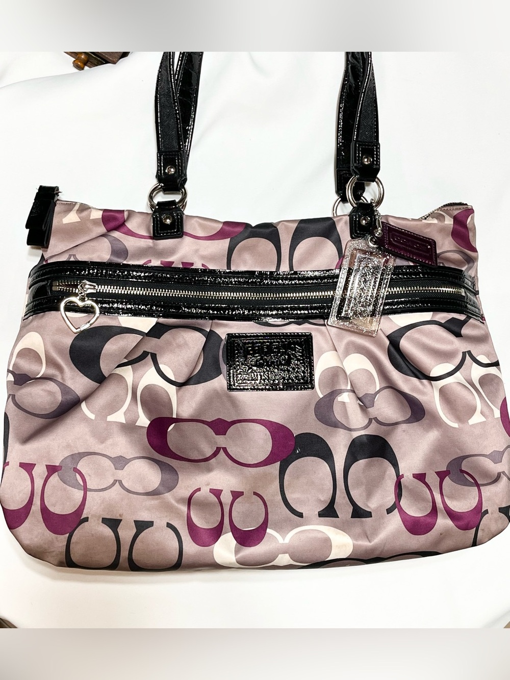 Coach Poppy Daisy Op Art Print Glam Tote Bag Purple Black